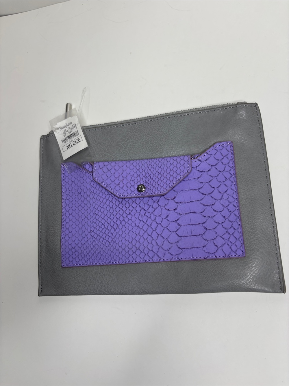 Neiman Marcus Gray Leather Clutch with Purple Snake-Embossed Pocket
